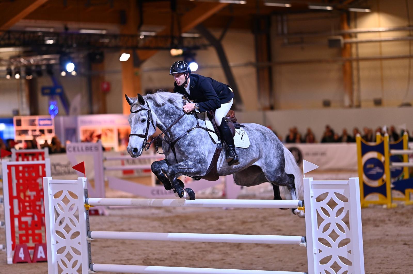A male equestrian in formal riding attire riding a gray horse jumping over an obstacle in an indoor arena with spectators in the background.