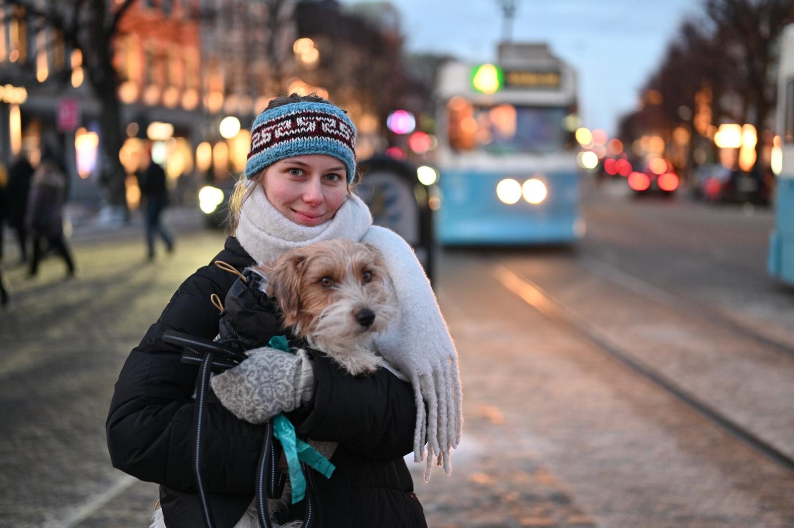 A young woman in winter clothing, including a knit hat, scarf, and gloves, holding a small dog, standing on a city street with a trolley bus and pedestrians in the background during dusk.