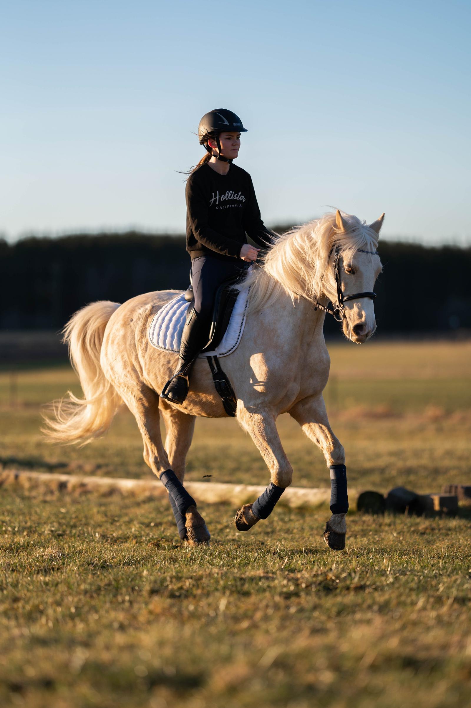 Young woman riding a cream-colored horse with a flowing mane on a grassy field during sunset.